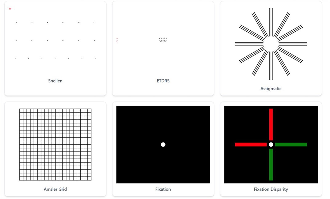 AcuityMaster Cloud chart gallery showing Snellen, ETDRS, astigmatic, Amsler grid, fixation and fixation-disparity charts